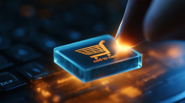 A close-up view of a glowing add to cart button being pressed by a light beam in a bright setting.