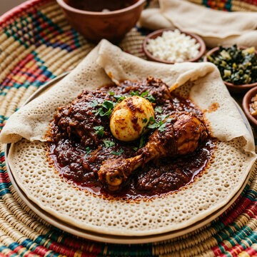 Traditional Ethiopian doro wat chicken stew served on injera flatbread.