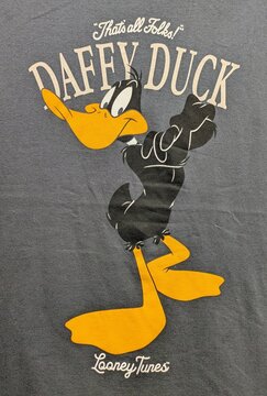 Vista de cerca del estampado de Duffy Duck, personaje de Looney Tunes, con la frase "That's all Folks!", en una camiseta. Madrid, Espa&ntilde;a, 25 de junio de 2026