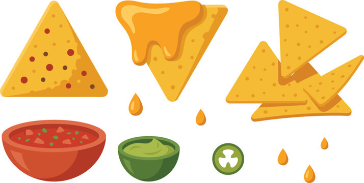 Mexican Nachos Tortilla Chips Vector Set Featuring Melted Cheese Drizzle, Tomato Salsa Dip Bowl, Guacamole Sauce, and Jalapeno Slice Elements for Restaurant Menu Designs