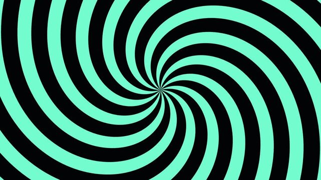 Hypnotic mint green and black spiral rotating background loop. Perfect for video editing, presentation backgrounds, or optical illusion animations in 4K high resolution.