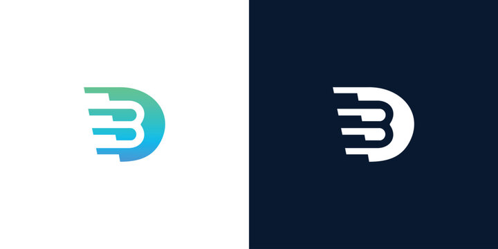 Modern minimalist dynamic logo design featuring a stylized letter D with motion lines and blue green gradient colors