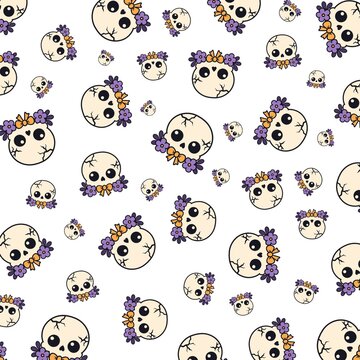 Cute Sugar Skull Floral Wreath Pattern White Background