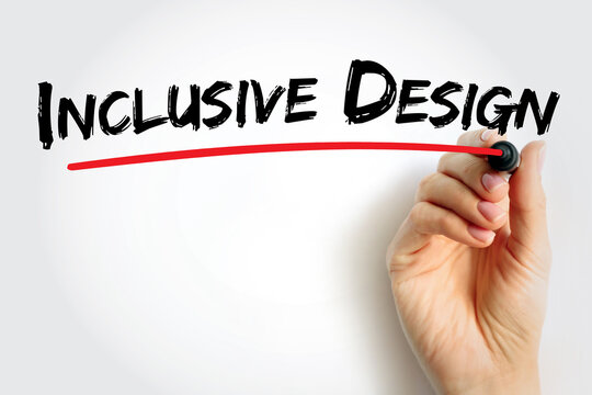 Inclusive Design text with red underline, handwritten typography and hand holding pen, promoting accessibility, universal usability, and human-centered innovation