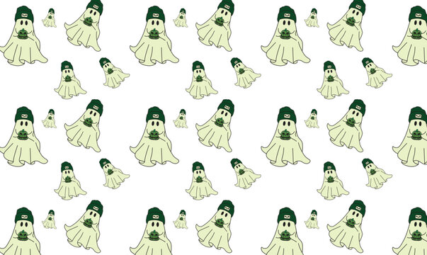 Seamless pattern of cute cartoon white ghosts wearing green baseball caps, creating a whimsical and spooky background for Halloween decorations, textile printing, and festive autumn Art & Illustration