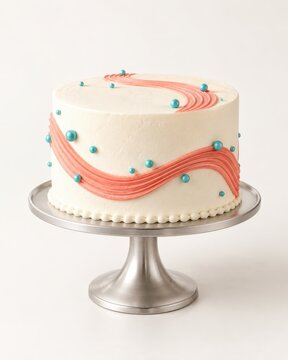Round cake with white frosting, decorated with pink and blue icing swirls and edible pearls, displayed on a silver cake stand against a light background