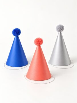 Colorful party hats in blue, red, and silver with pom-poms on top, arranged on a white background, ideal for celebrations and festive occasions