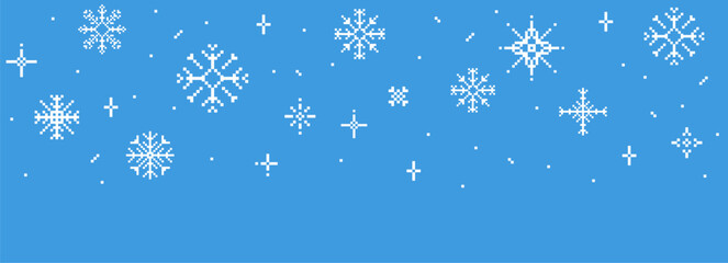 Obraz premium Pixel winter falling snowflakes border, seasonal blue crystal decorative pattern decorative in pixel art. Holiday simple flakes 90's aesthetics. Retro pixilated 8 bit game