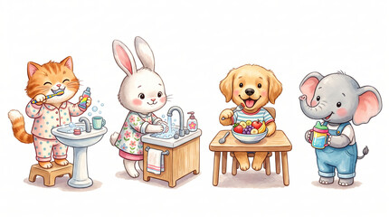Fototapeta premium Cute Animals Learning Healthy Habits for Children. brushing teeth, washing hands, eating fruit, and drinking water for preschool education
