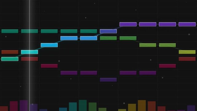Colorful MIDI Piano Roll Visualizer with Audio Spectrum Bars on Dark Background.