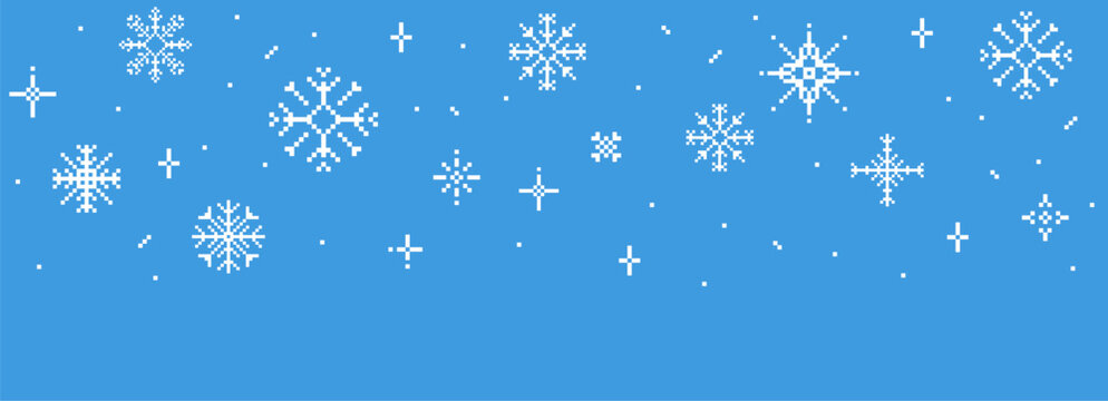 Pixel winter falling snowflakes border, seasonal blue crystal decorative pattern decorative in pixel art. Holiday simple flakes 90's aesthetics. Retro pixilated 8 bit game