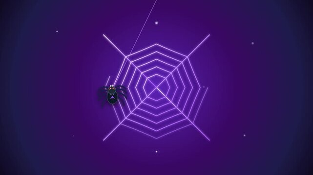 spider web purple neon glowing cobweb illustration with cute cartoon arachnid for spooky halloween background