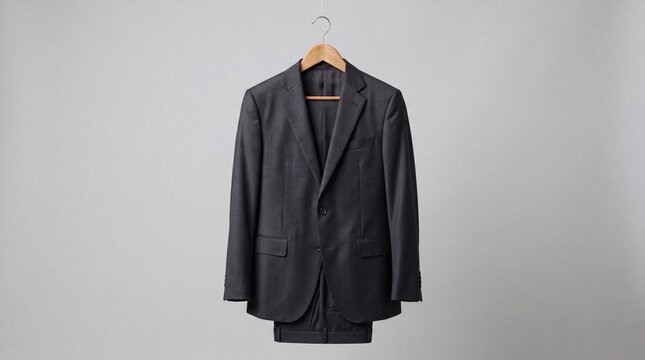 Formal dark grey suit hanging on a wooden hanger against a light grey studio background. Professional menswear attire for corporate business and executive job interview