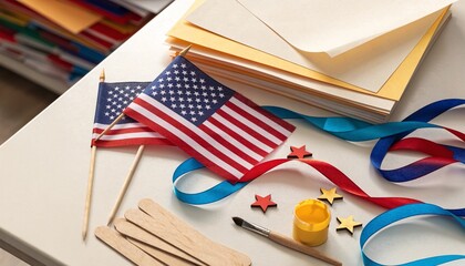 Fototapeta premium American flag and craft supplies on table