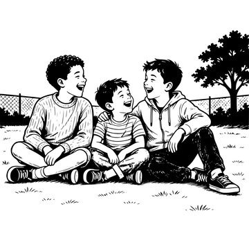 Three Boys Laughing Together on the Ground