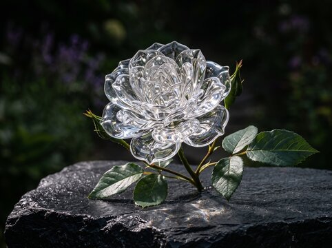 Crystal clear glass rose flower with green leaves on black stone