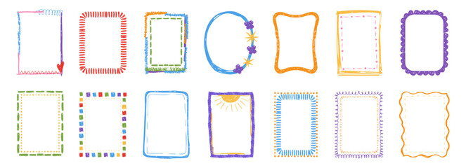 Plakat Crayon frame set, cute kindergarten pencil drawing. Childlike scribble doodle texture, hand drawn borders for decoration. Kid frame crayon box, textured whimsical wax pen border set.