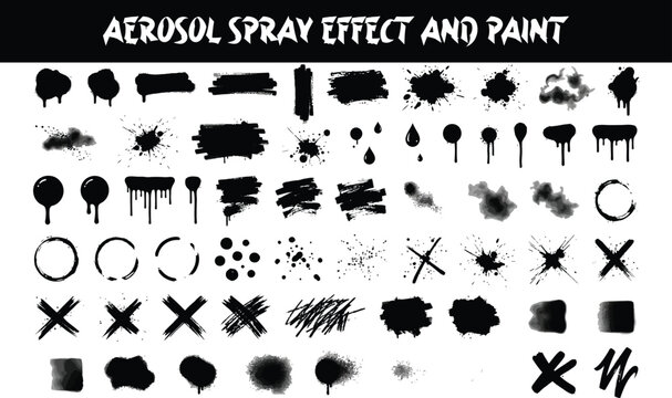 Spray graffiti element set, can splatter brush drip freehand kit, vector urban street black grunge. Cool hand writing stain splash, dirty messy airy ink stroke and circles. Spray graffiti dark splash