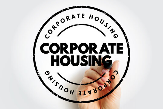 Corporate housing concept shown as a stamp badge with hand holding marker. Professional accommodation solution for business travel, workforce relocation, long-term stays, and managed residences