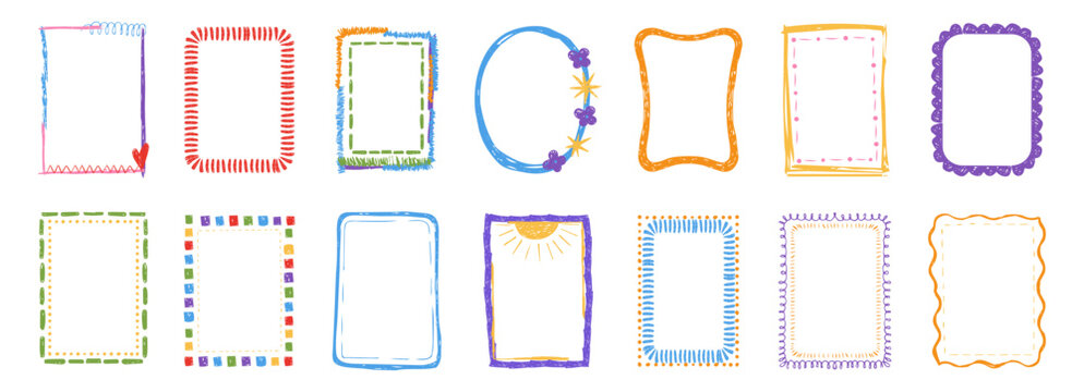 Crayon frame set, cute kindergarten pencil drawing. Childlike scribble doodle texture, hand drawn borders for decoration. Kid frame crayon box, textured whimsical wax pen border set.