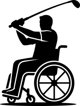 Disabled golfer silhouette in wheelchair swinging club, para-golf athlete vector icon, inclusive sports and adaptive recreation illustration