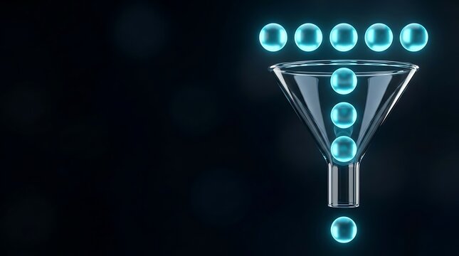 A data funnel illustration shows glowing blue circles converging to a single point representing data analysis and insights