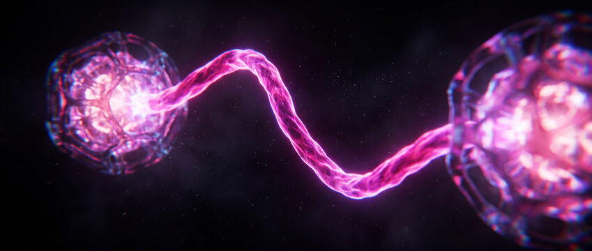 Twin luminous orbs linked by a twisting violet energy strand across a dark conceptual void