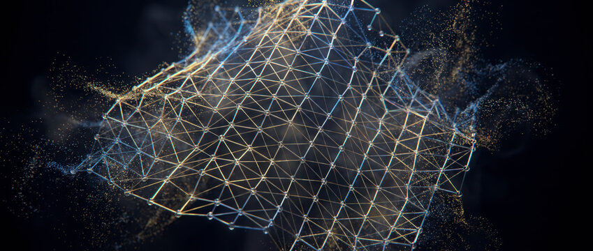 Golden wireframe fabric of triangulated nodes drifting through a hazy conceptual atmosphere