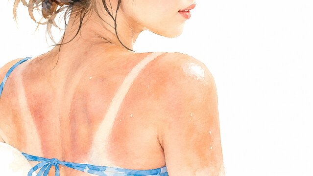 日焼けした女性の背中と水着の跡が残る水彩イラスト