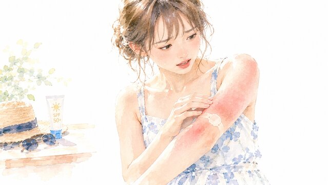 日焼けで肌が赤くなり絆創膏を貼る若い女性の水彩イラスト