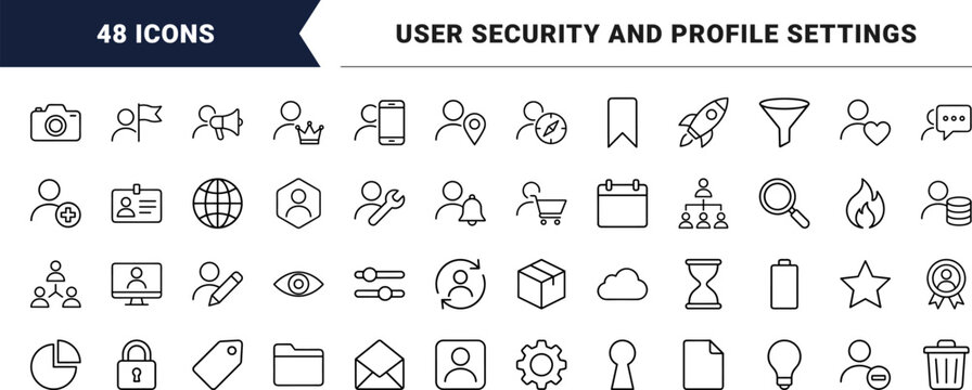 User account management line icon set. Vector pictograms of profile, avatar, member, and person elements, thin linear illustration.
