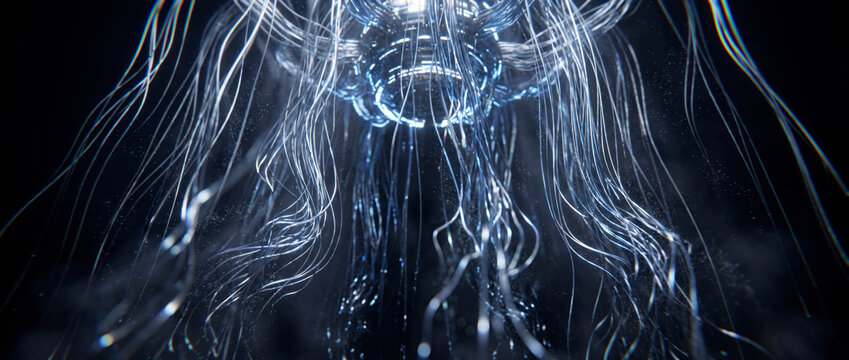 Cascading silver light filaments streaming downward from a radiant crystalline ring above