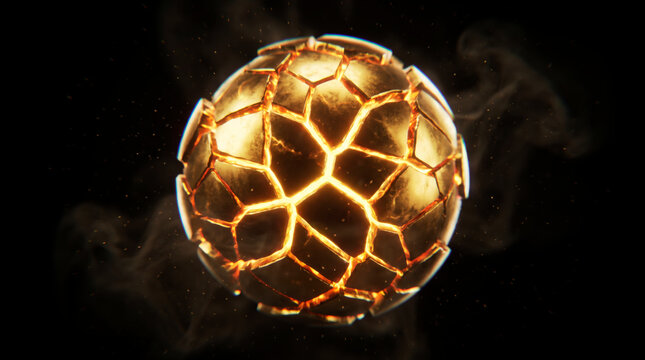 Fractured golden sphere glowing with molten light cracks drifting through swirling smoke