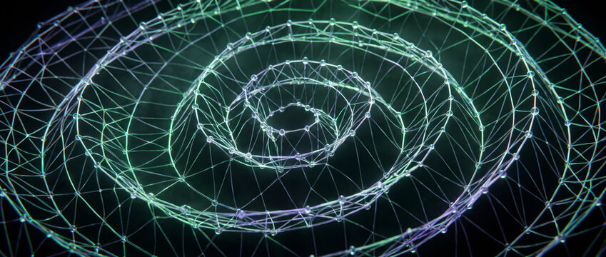 Nested green and violet wireframe rings spiraling inward in a layered concentric network