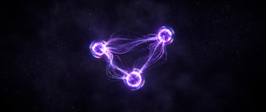 Three luminous violet orbs interconnected by flowing energy strands in triangular formation