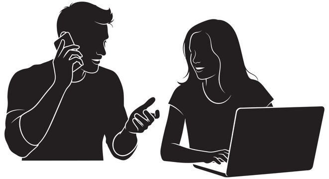 Black silhouette of a person on a phone and a person using a laptop