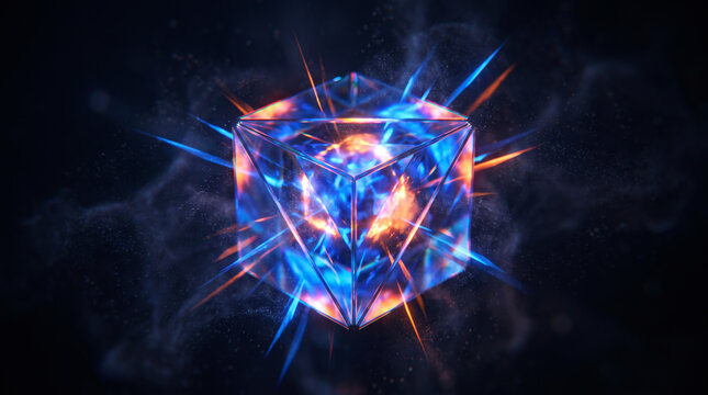Faceted crystal cube radiating blue and amber light rays in a dynamic conceptual explosion