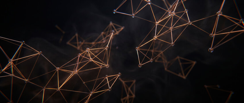 Scattered bronze wireframe fragments floating loosely in a hazy dark digital atmosphere