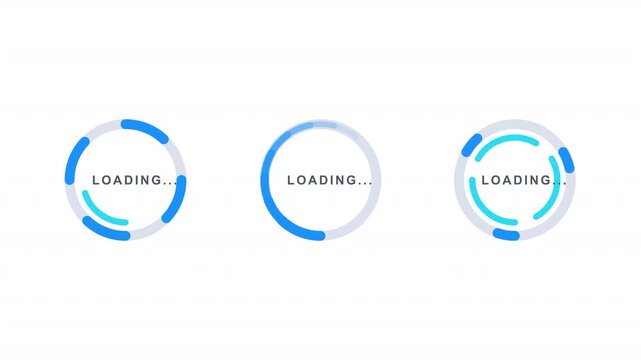 Animated Loading Circle Progress Indicators with Text, Blue and Cyan Circular UI Elements, Transparent Background