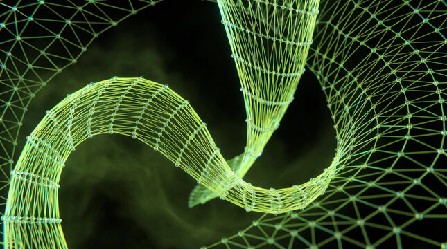 Glowing green wireframe helix spiraling upward into a luminous funnel of connected nodes
