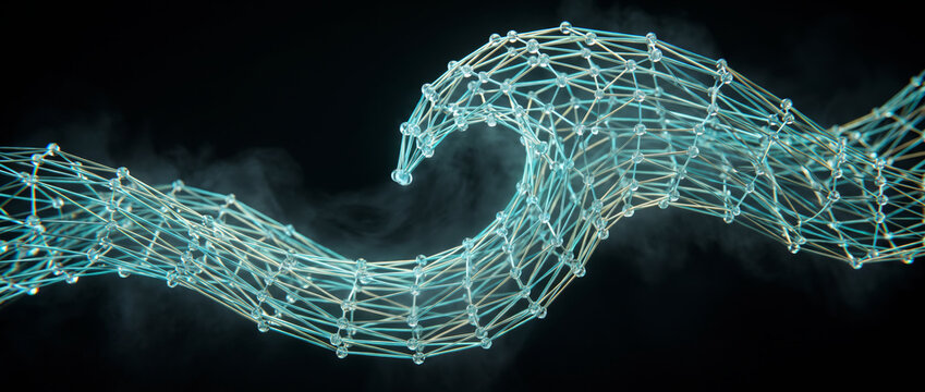 Curling silver wireframe wave forming a luminous spiral loop against a dark backdrop