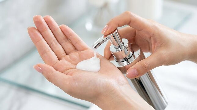 Close up of woman hands applying white Body Lotion from a chrome dispenser bottle, essential Body Lotion for daily skin hydration and moisturizing Body Lotion for healthy soft skin.