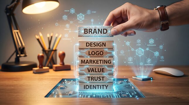 Brand strategy pyramid stack of wooden blocks with holographic icons and digital network interface