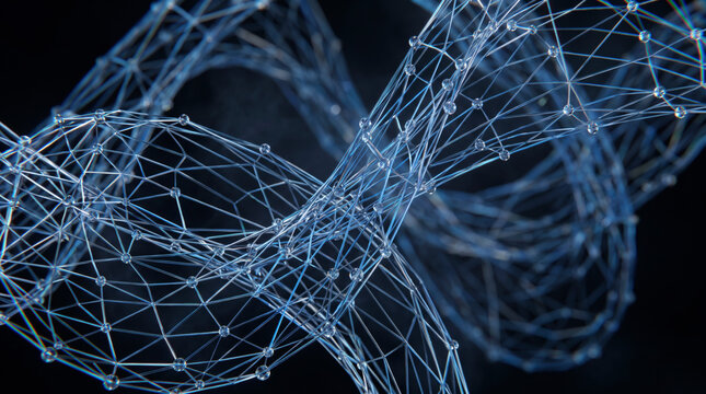 Intertwined blue wireframe ribbons crossing through a dense futuristic network structure