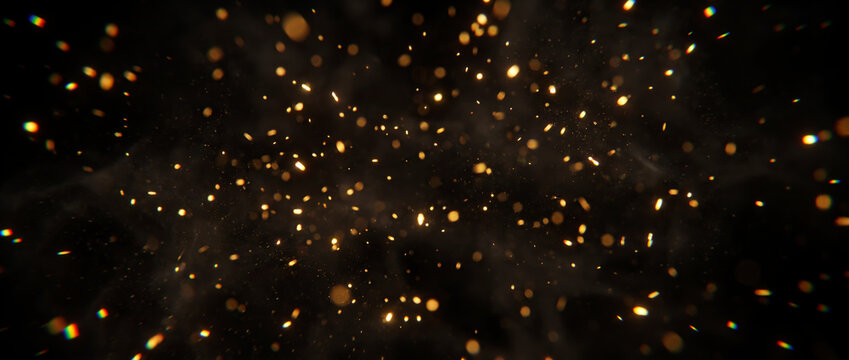 Golden sparks and particles drifting weightlessly through a hazy dark conceptual atmosphere