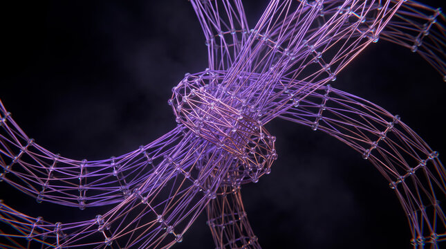 Violet wireframe rings knotted together at a dense radiant core of connected fibers