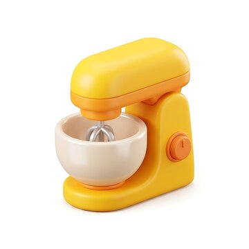 3D stylized yellow kitchen stand mixer with white bowl on plain background studio lighting perspective view