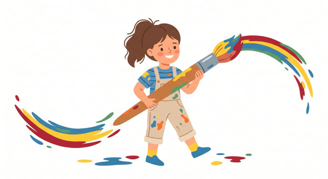 Happy girl holding a giant paintbrush with colorful paint vector illus