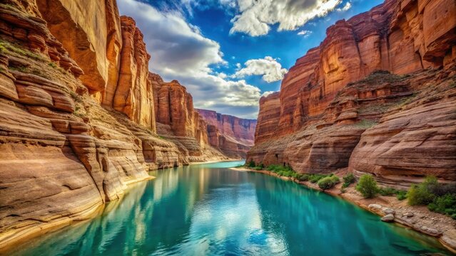 canyon with turquoise water surrounded by steep cliffs and red rock formations in a vast desert landscape, desert landscape, canyon