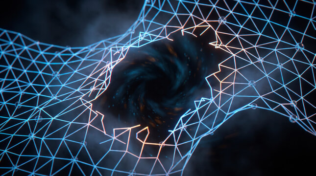Fractured wireframe mesh revealing a swirling dark vortex breach at its glowing center